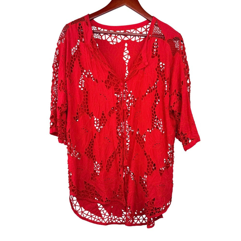 Bali Emerald Crochet Lace Kimono Cardigan Women One Size Red Floral‎ Open Knit